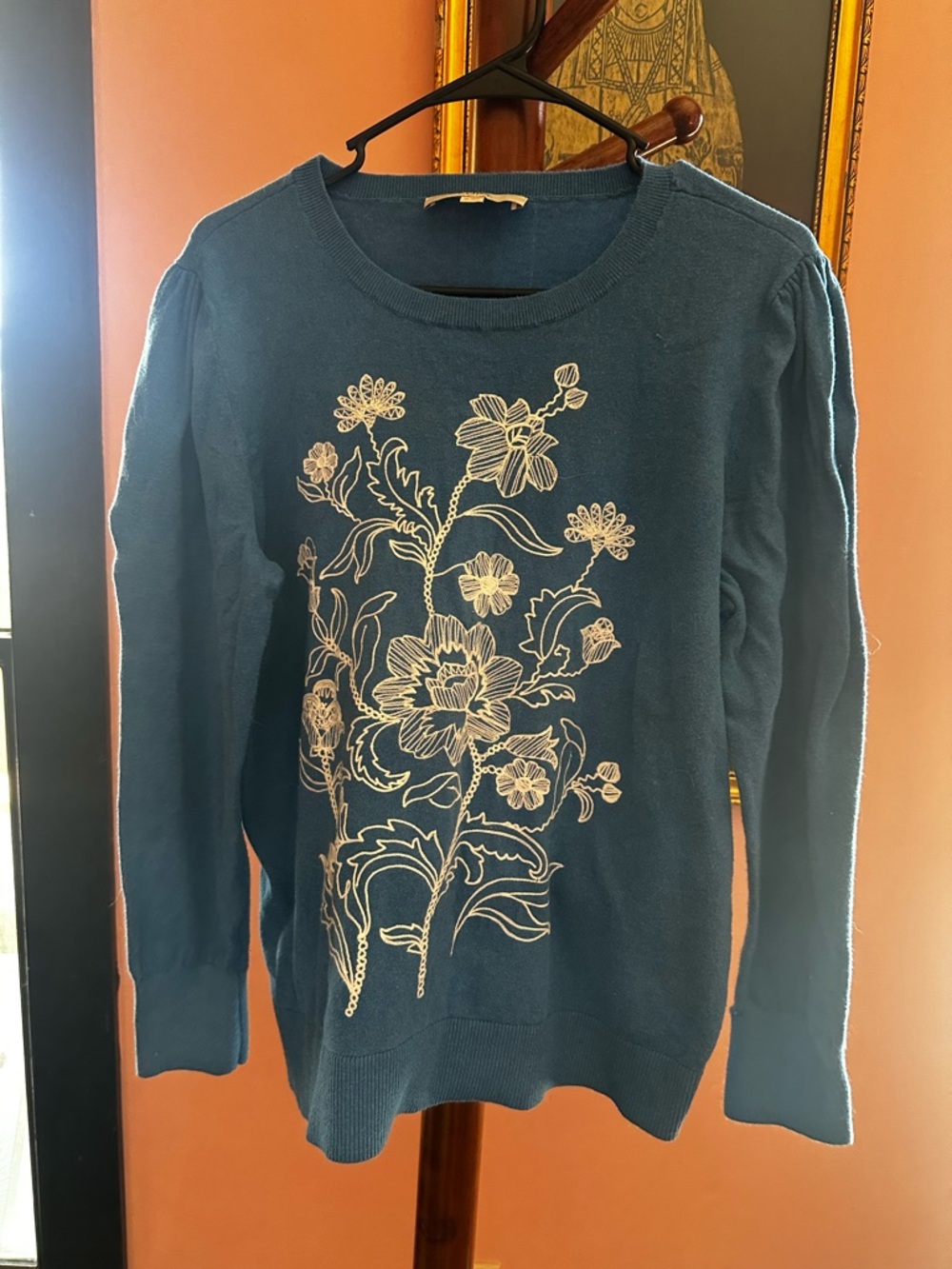 LOFT Teal Crewneck Sweater with Cream Floral Embroidery